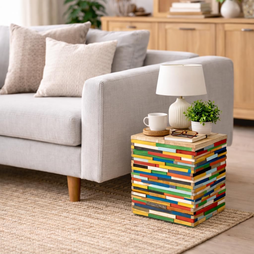 Mischholz Hocker bunt – 30 x 30 x 30 cm (H x B x T)