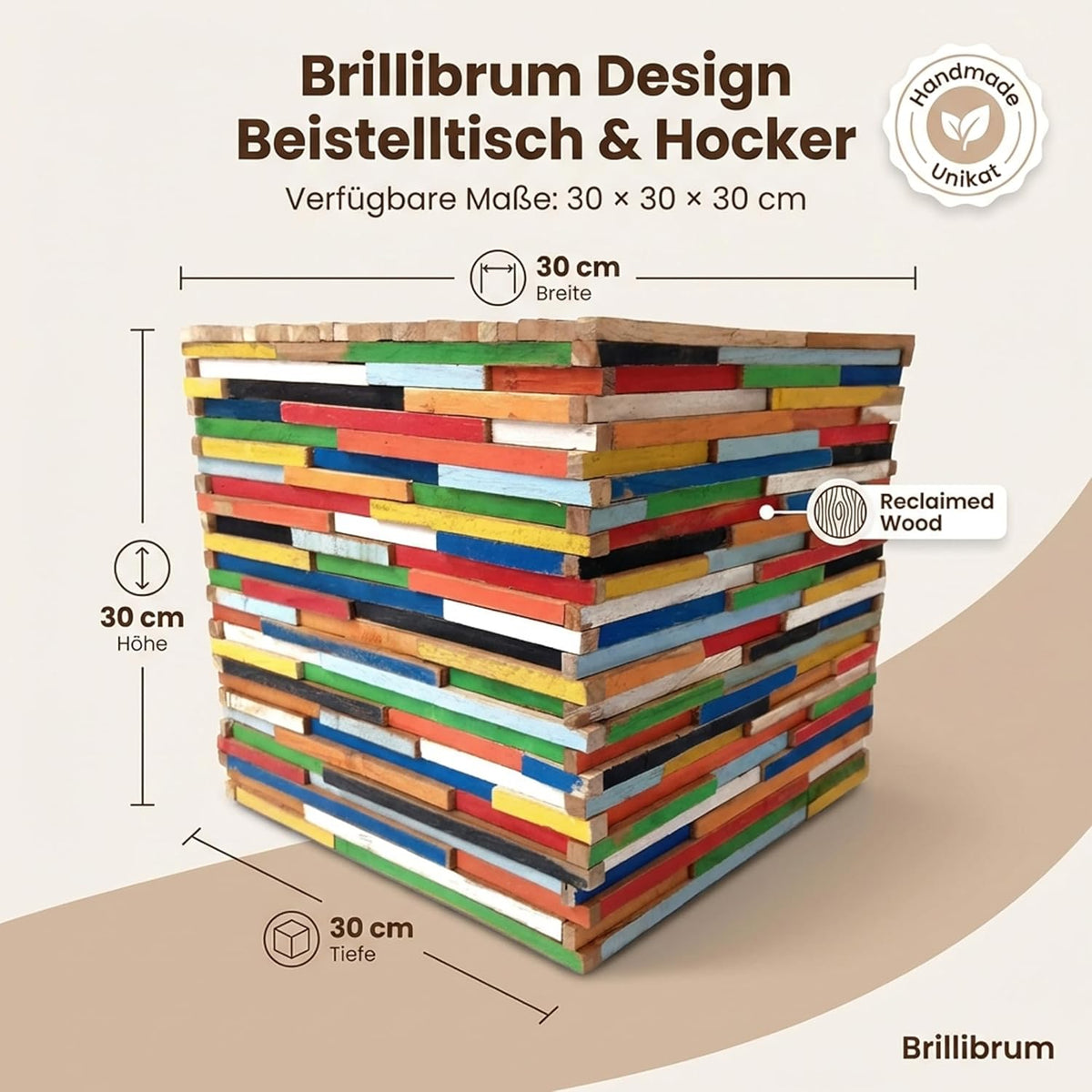 Mischholz Hocker bunt – 30 x 30 x 30 cm (H x B x T)