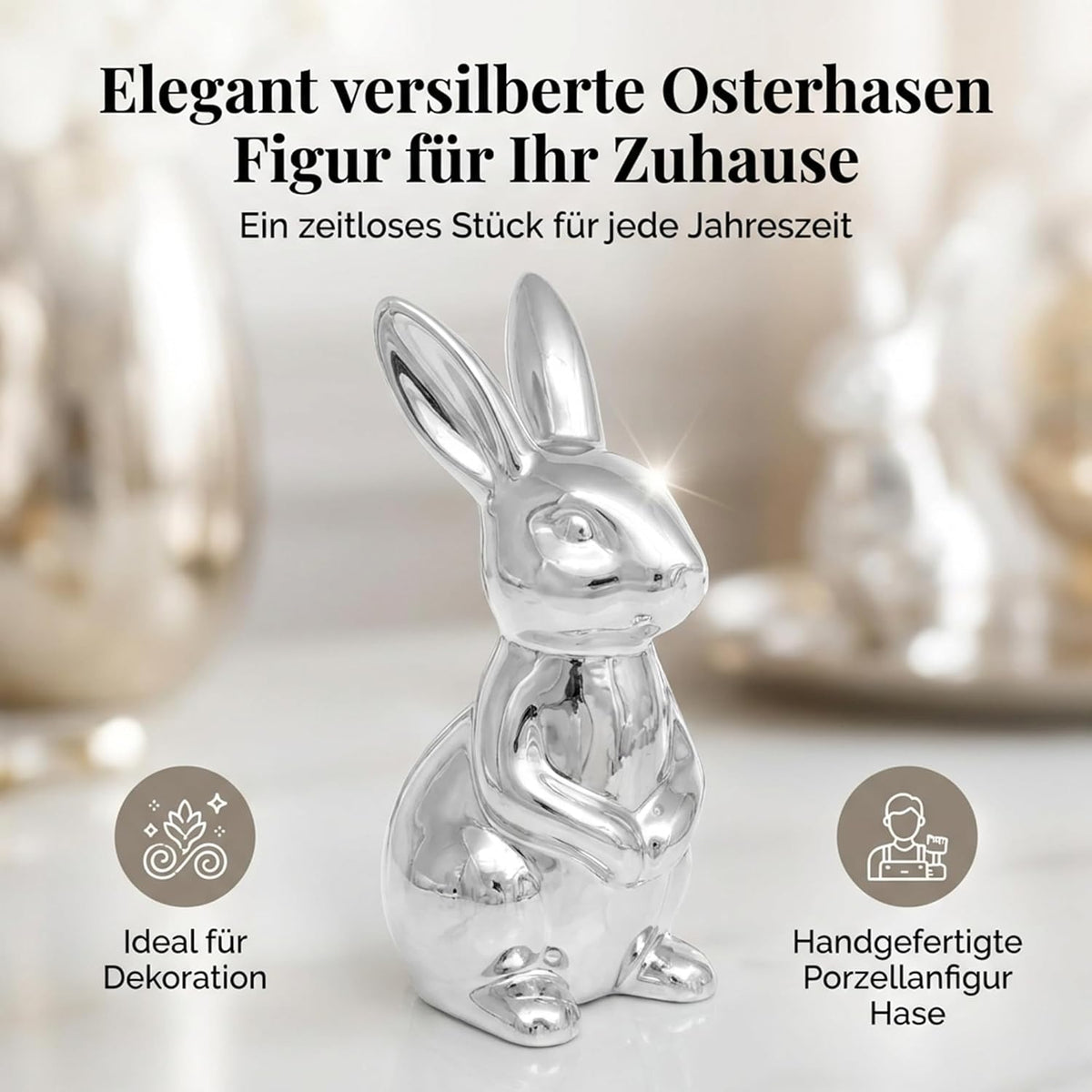 Figur Hase Porzellan, silberglänzend – Hase II