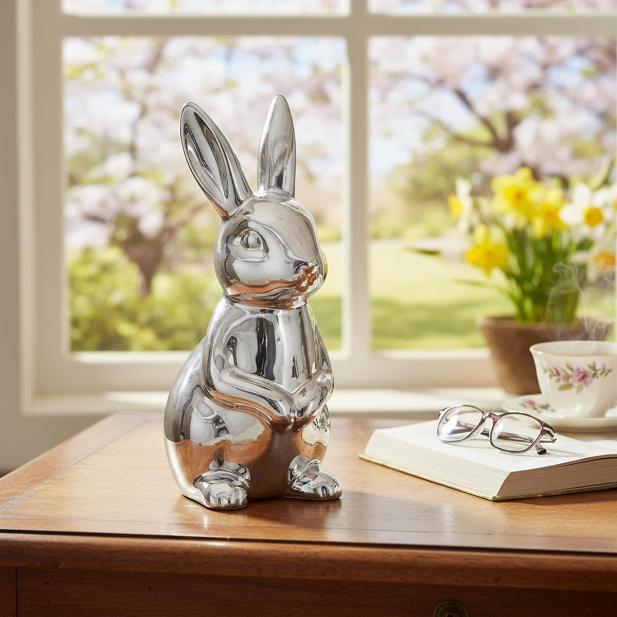Figur Hase Porzellan, silberglänzend – Hase II