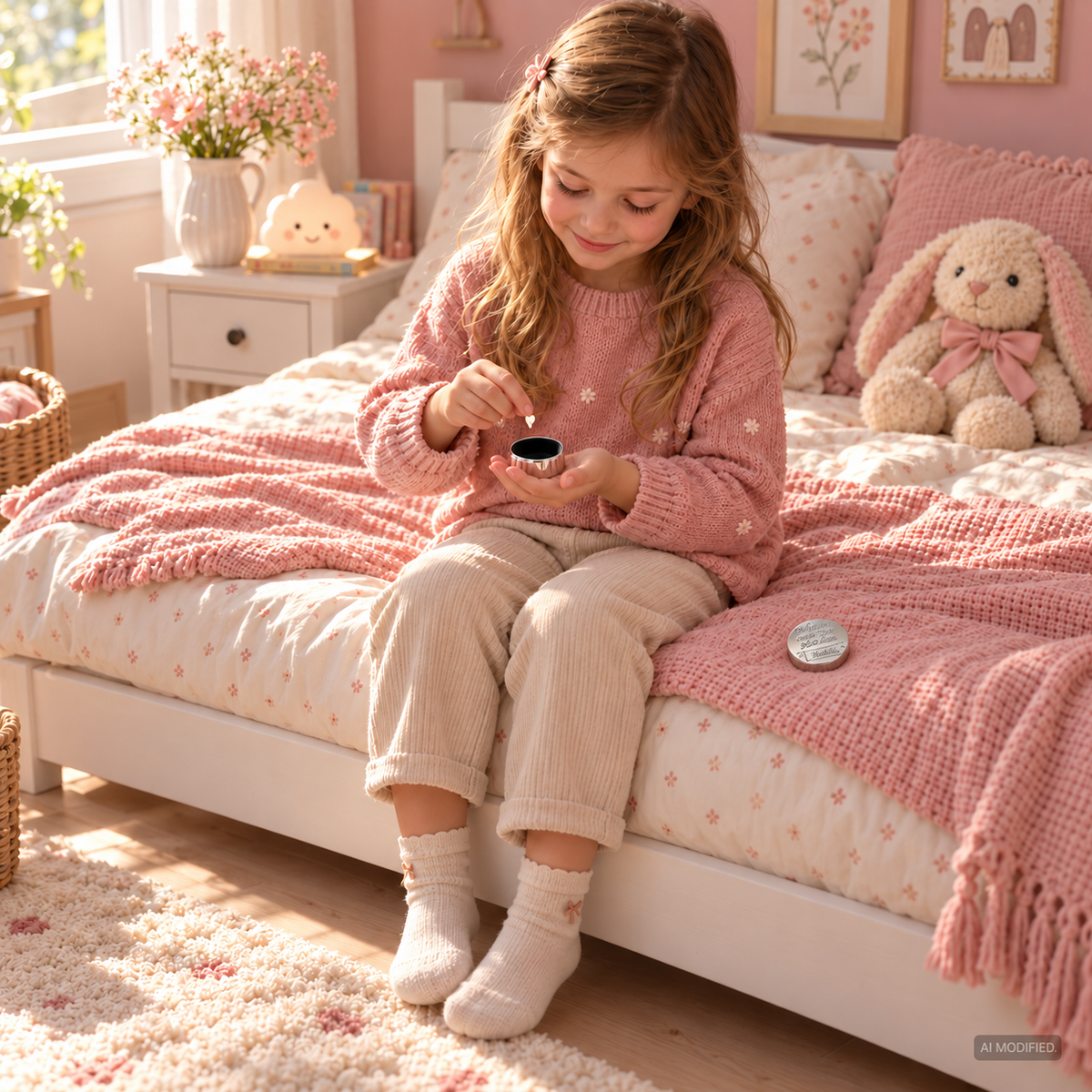 Mädchen im rosa Kinderzimmer bewahrt einen Milchzahn in einer kleinen versilberten Zahndose auf