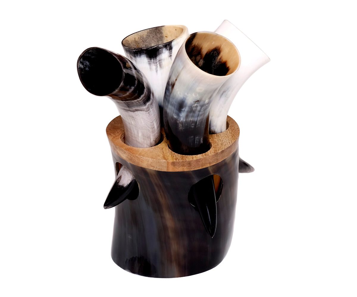 Trinkhorn Wikinger Set – 50 ml, 4er-Set mit Hornständer