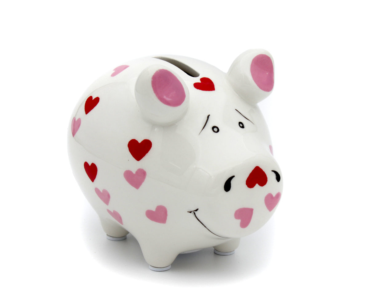 Sparschwein Hochzeit – Herzen Rosa/Rot (9 x 9 x 12,5 cm)