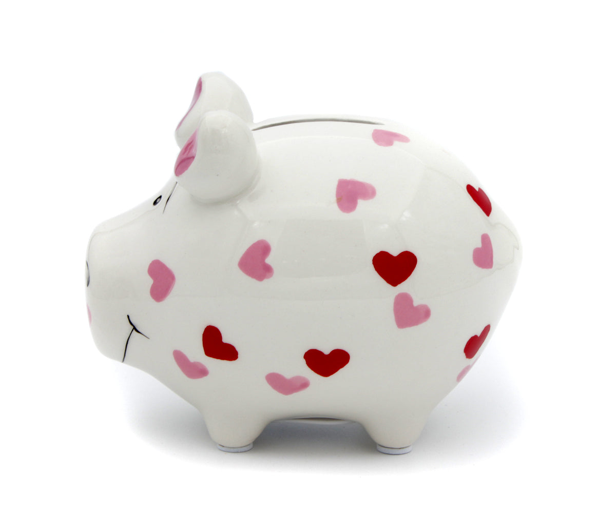 Sparschwein Hochzeit – Herzen Rosa/Rot (9 x 9 x 12,5 cm)