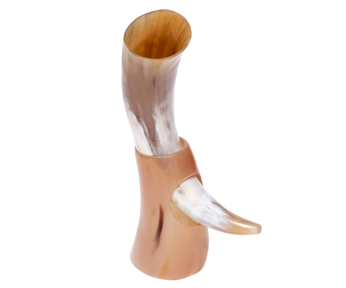 Trinkhorn Wikinger Set – 200 ml, Kuhhorn poliert mit Hornständer