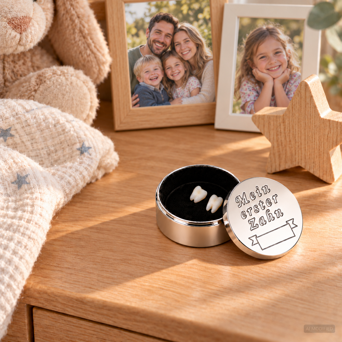 Geöffnete versilberte Milchzahndose mit zwei Milchzähnen neben Familienfotos und Kuscheltier
