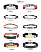Edelstahl Armband mit Gravur – Ohne Gravur, Echtleder, Modell 1