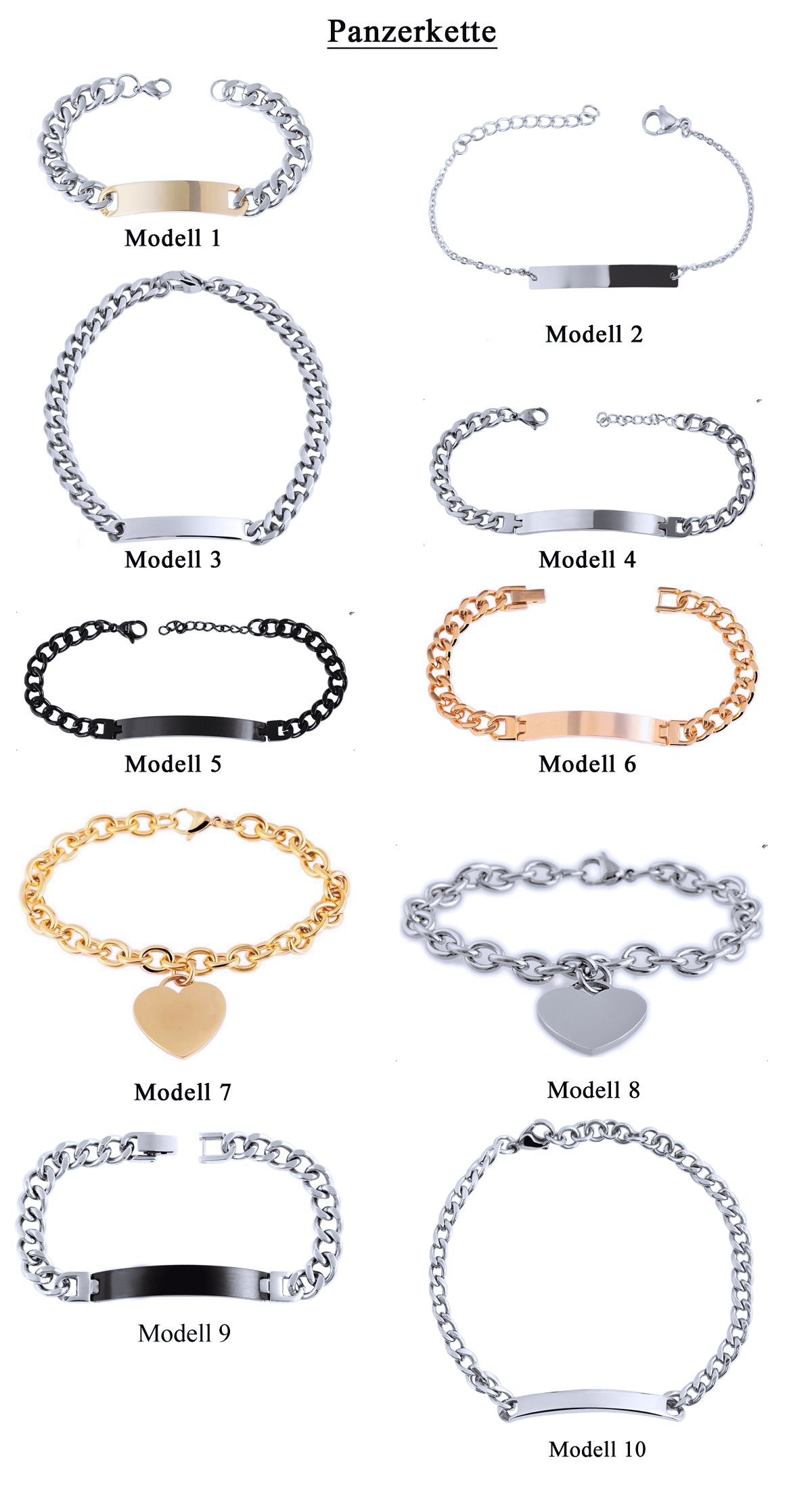 Edelstahl Armband mit Gravur – Ohne Gravur, Panzerkette, Modell 1