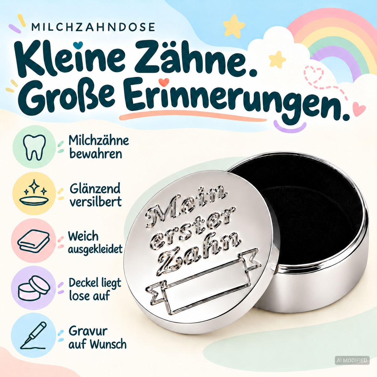 Versilberte Milchzahndose für den ersten Zahn mit weicher Innenauskleidung, losem Deckel und optionaler Gravur