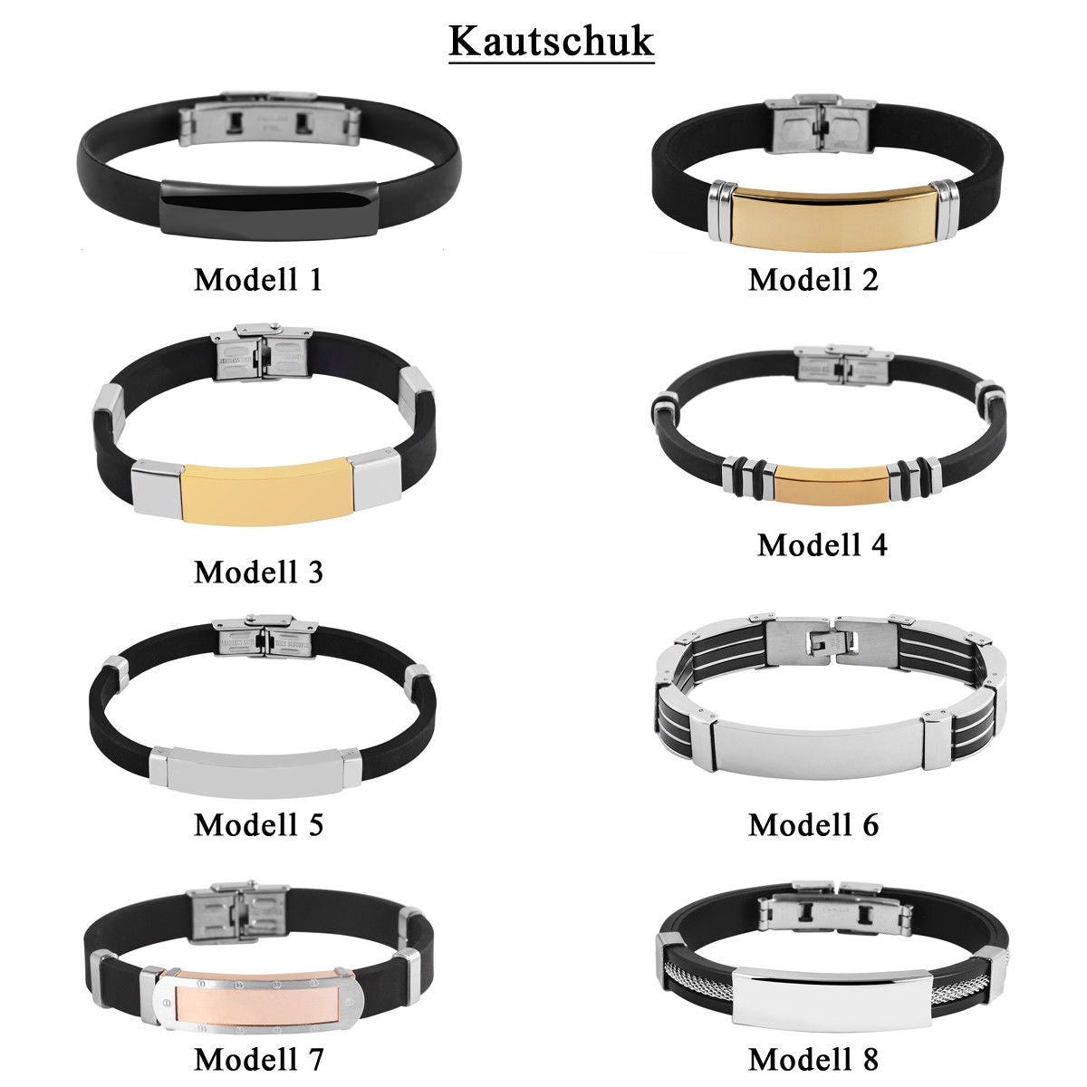 Edelstahl Armband mit Gravur – Ohne Gravur, Kautschuk, Modell 1