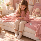 Mädchen im rosa Kinderzimmer bewahrt einen Milchzahn in einer kleinen versilberten Zahndose auf