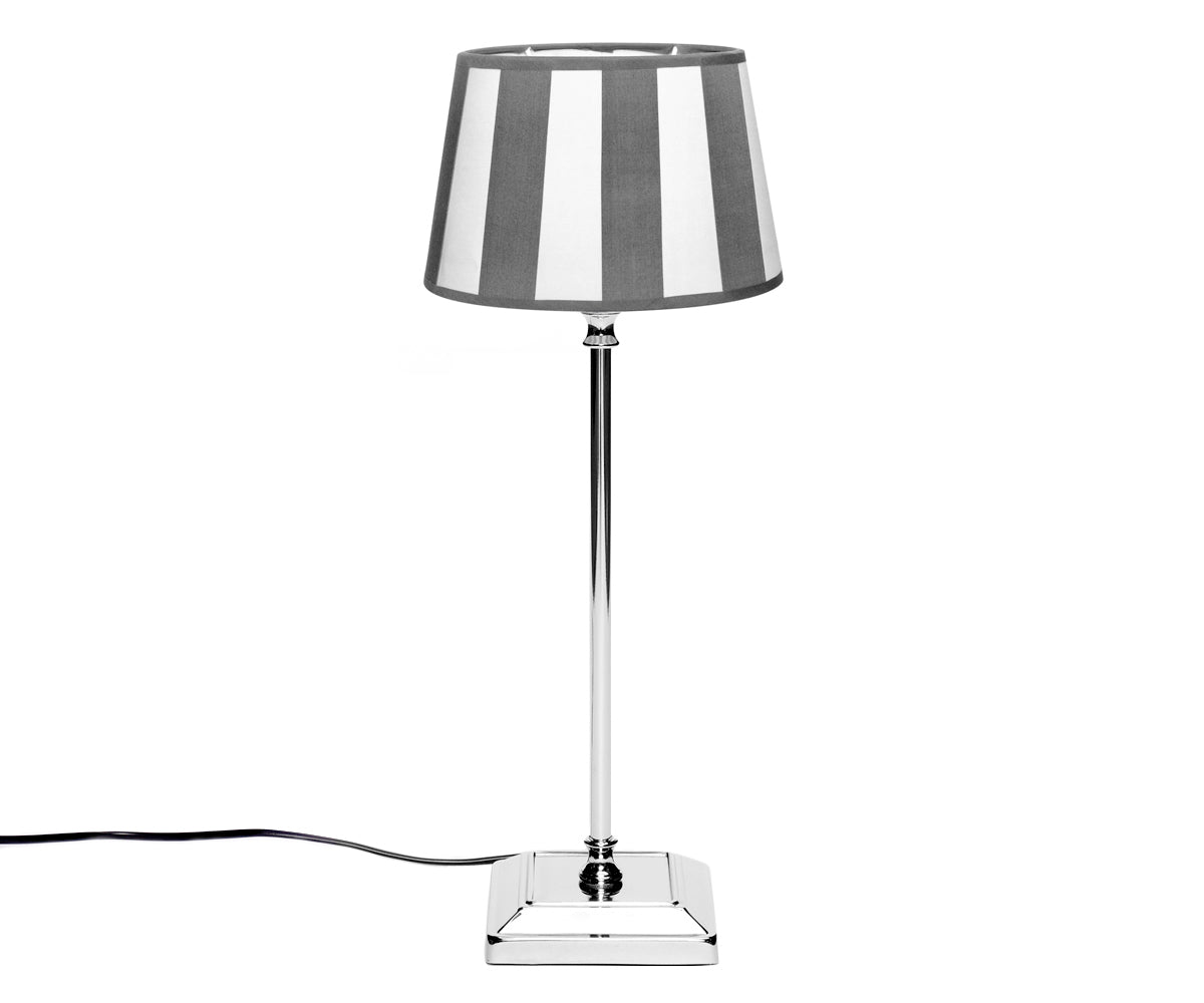 Tischlampe - Lampenschirm gestreift – Grau - Weiß, Schirm oval - 20 x 13 x 15 cm, quadratischer Fuß