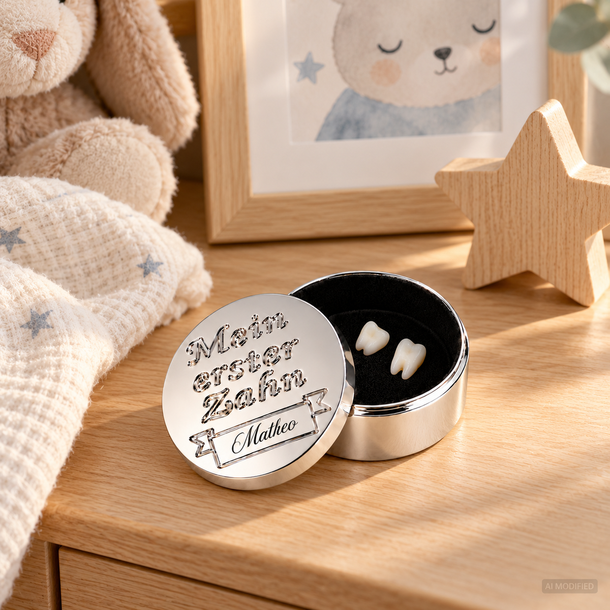 Geöffnete versilberte Milchzahndose mit zwei Milchzähnen und persönlicher Namensgravur Matheo auf dem Deckel