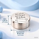 Versilberte Milchzahndose mit Maßangaben von 4,2 cm Durchmesser und 1,8 cm Höhe