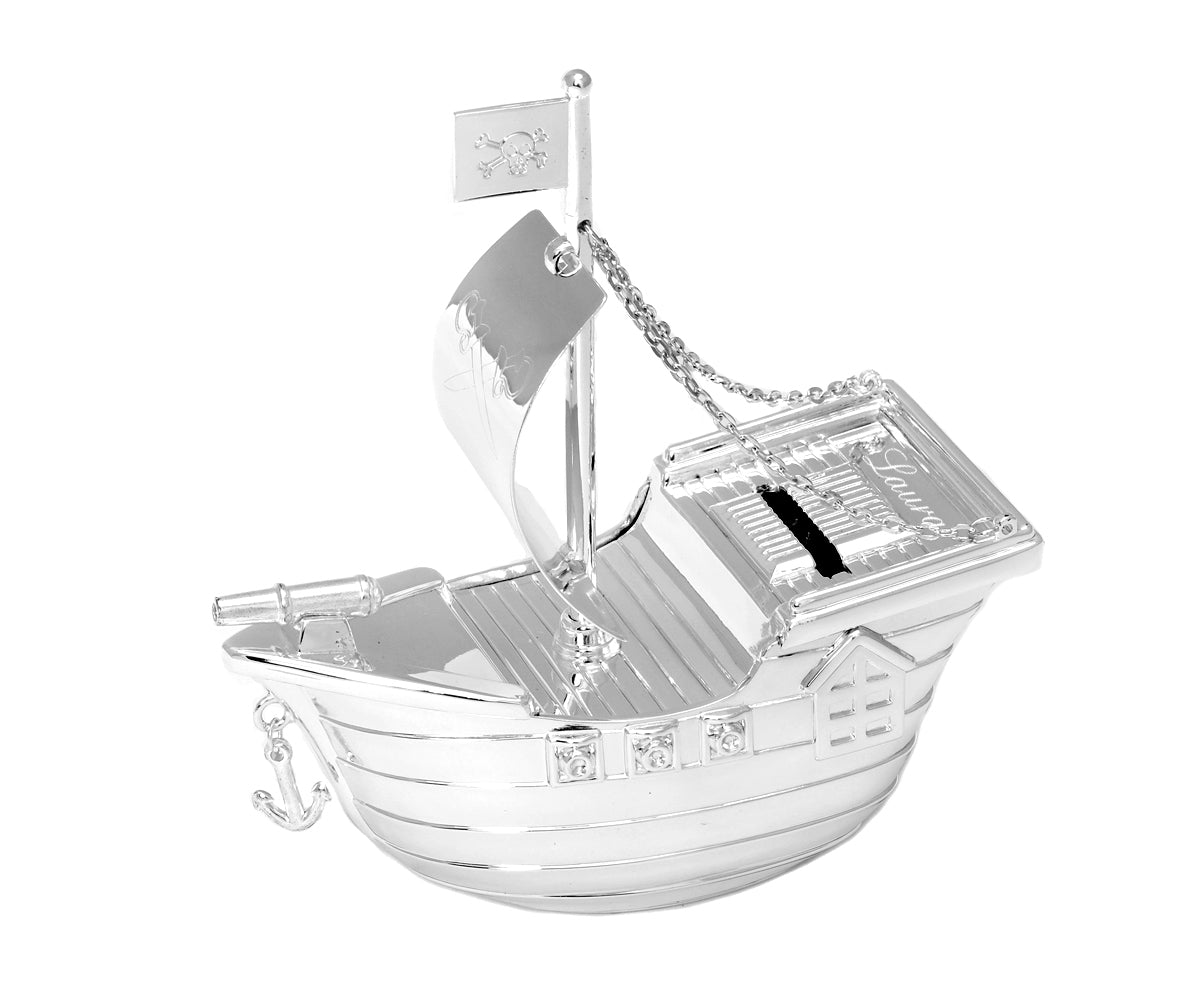 Spardose Piratenschiff, versilbert – mit Gravur bis 15 Zeichen