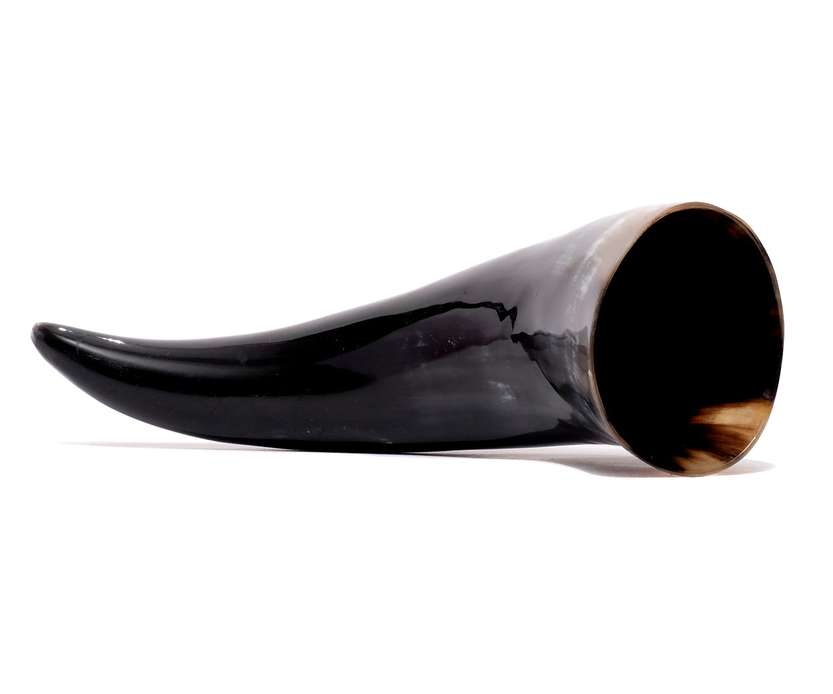Trinkhorn Wikinger Set – 400 ml, Kuhhorn poliert mit Hornständer
