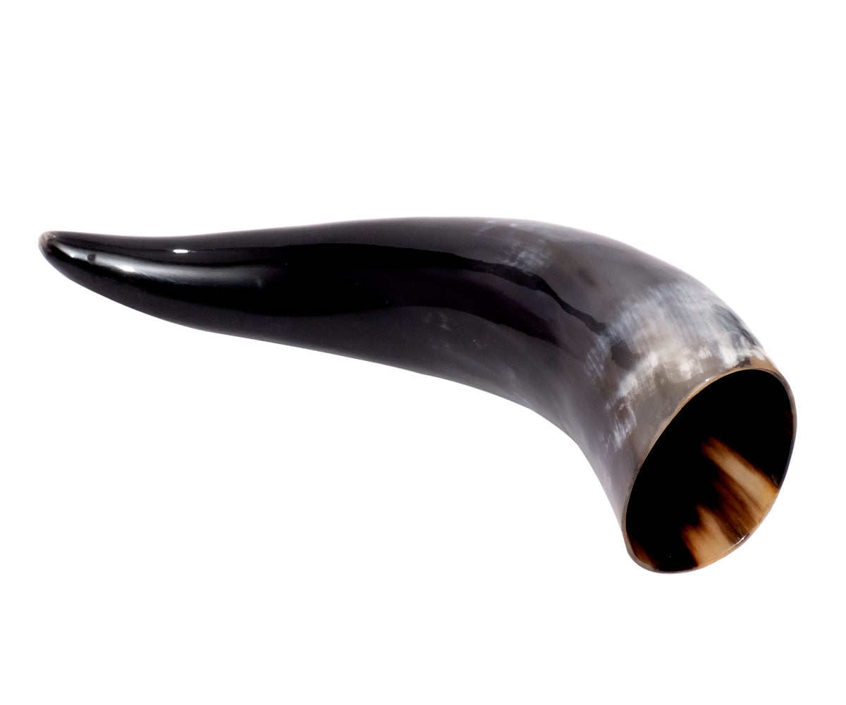 Trinkhorn Wikinger Set – 400 ml, Kuhhorn poliert mit Hornständer