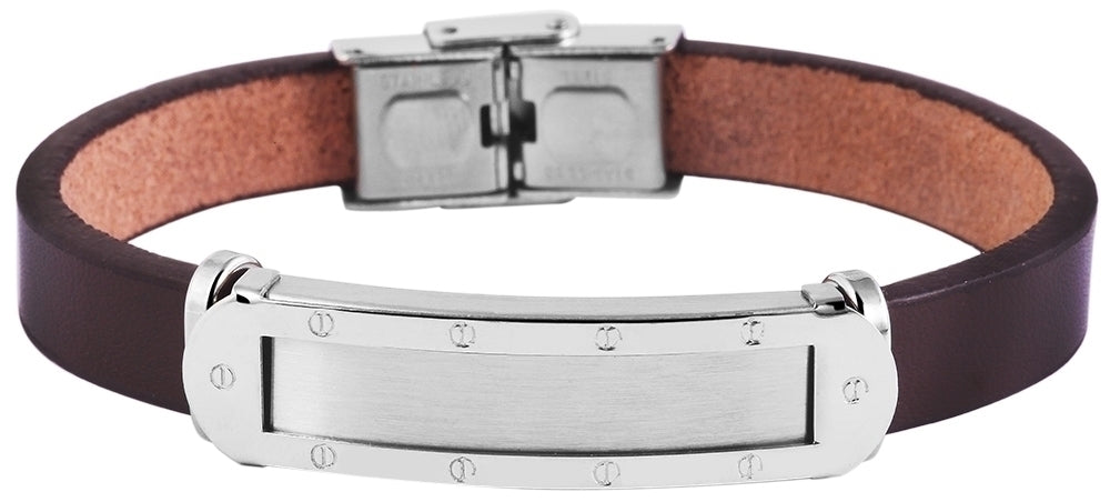 Edelstahl Armband mit Gravur – Ohne Gravur, Echtleder, Modell 2